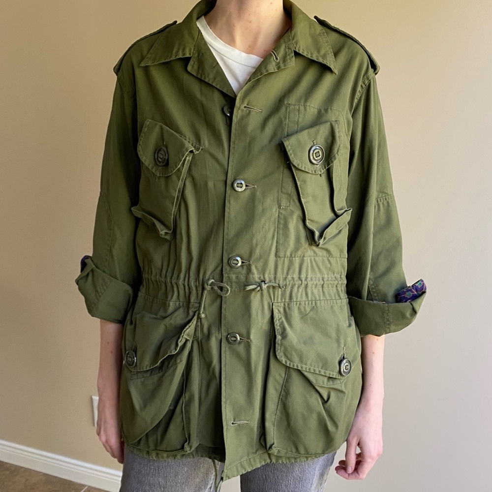 Army Green Utility Jacket w Boho Print on back, Military Coat, Spring, Anthro - Picture 5 of 5
